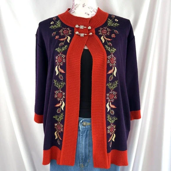 Wool‎ Blend Beaded Embroidered Sequin Open Cardigan Sweater Purple Red Floral - Picture 4 of 17